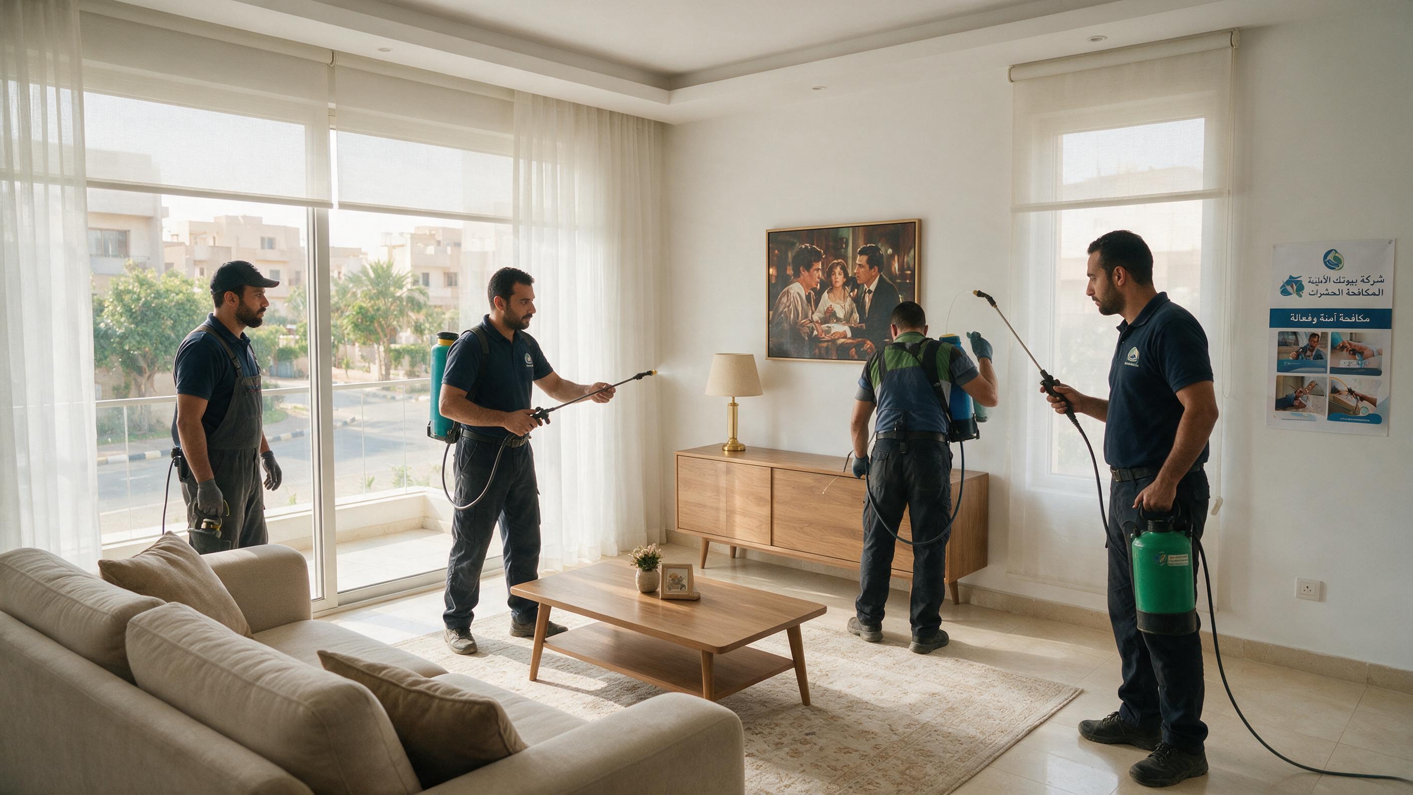 فريق عمل شركة بيوتك الألمانية لمكافحة الحشرات أثناء رش المبيدات في منزل بمدينة 6 أكتوبر