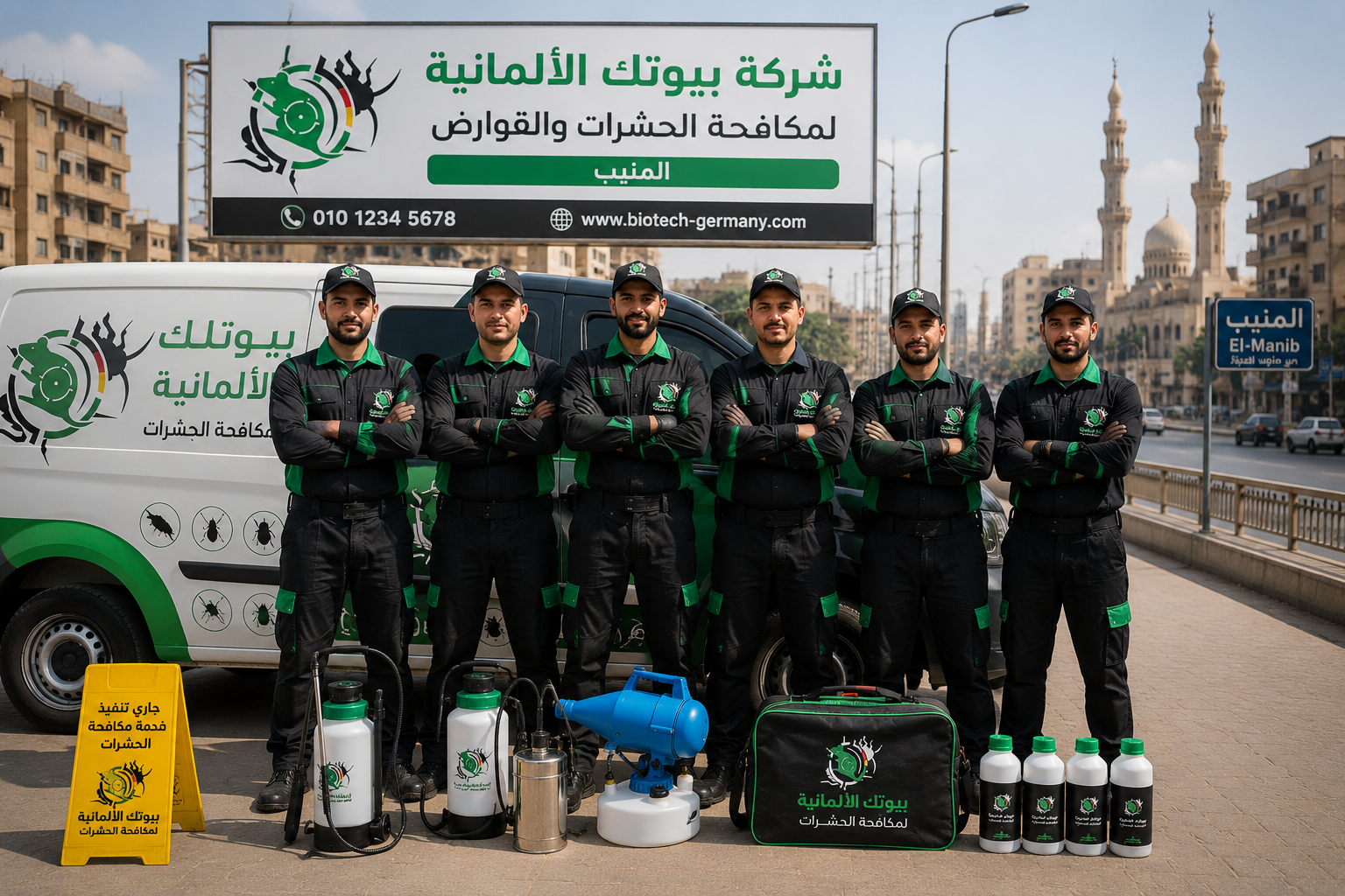 فريق عمل بيوتك الألمانية أثناء عملية الرش في المنيب