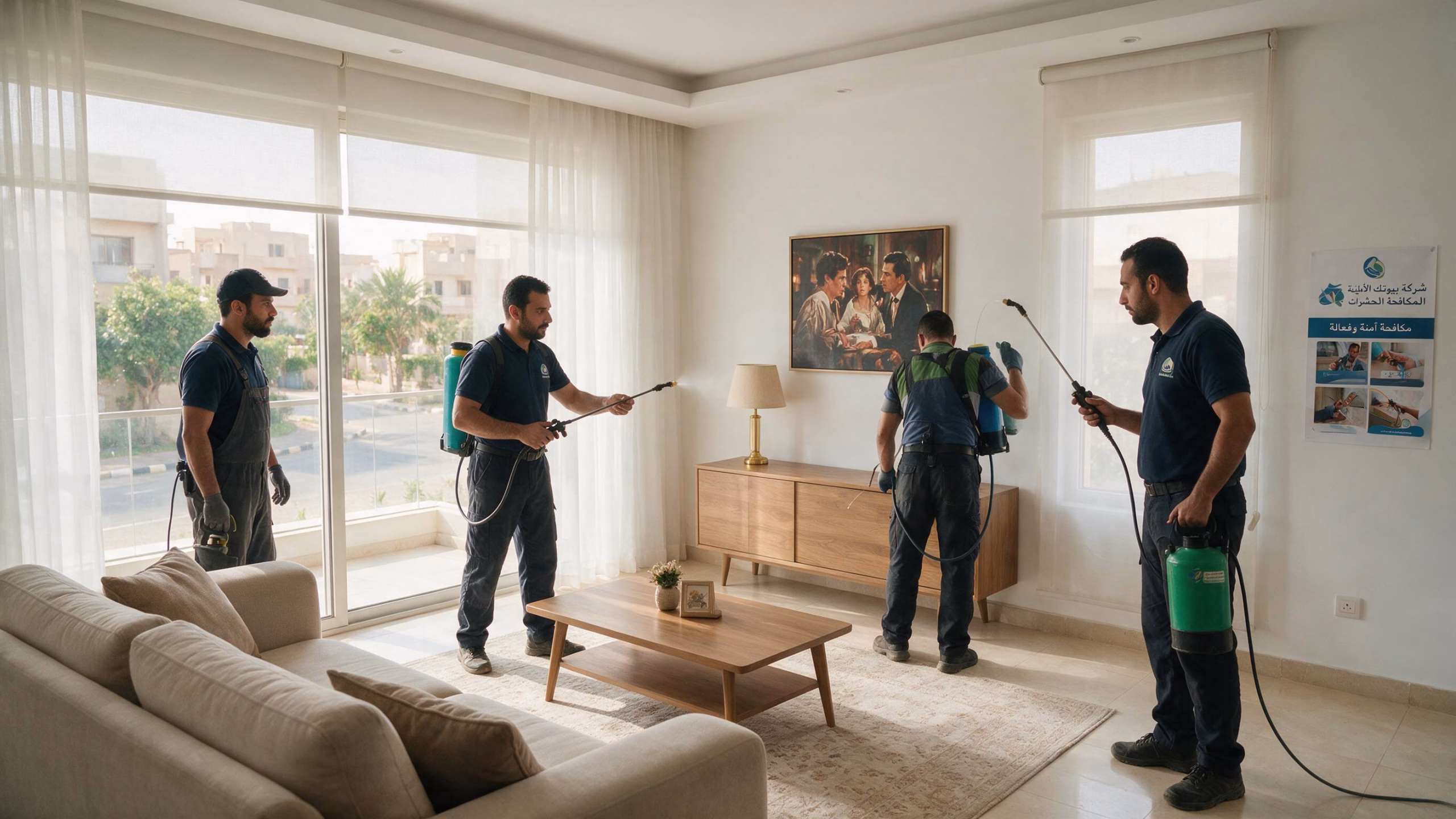 فريق عمل شركة بيوتك الألمانية لمكافحة الحشرات أثناء رش المبيدات في منزل بمدينة 6 أكتوبر